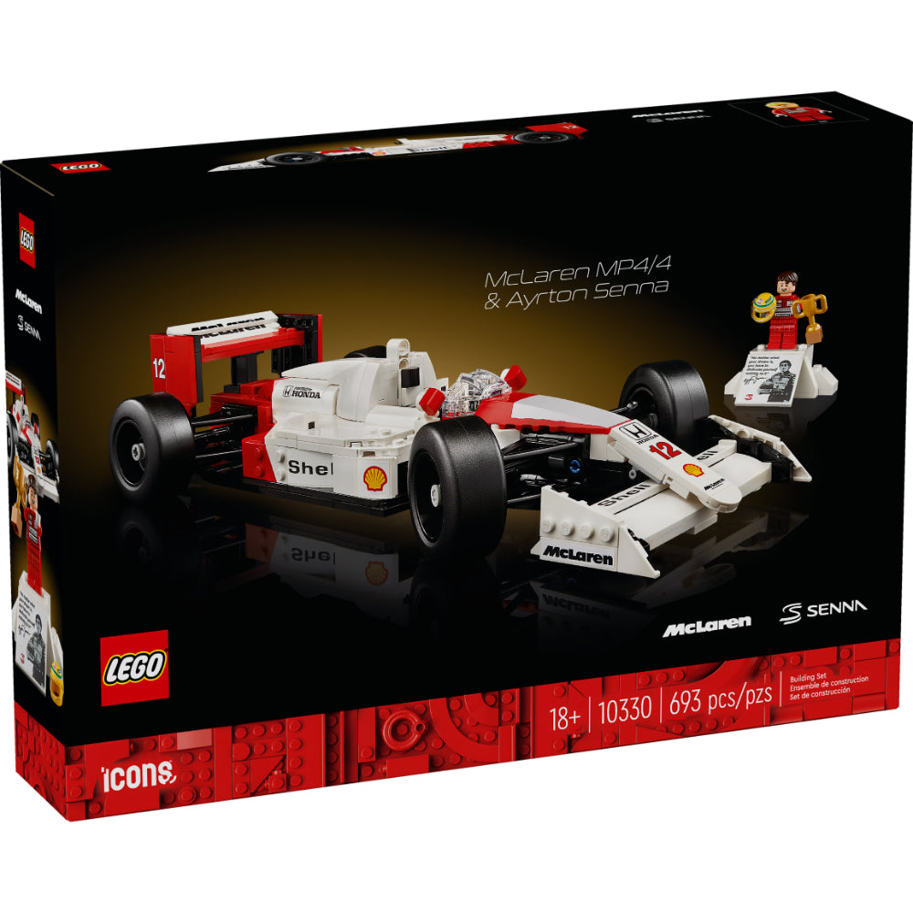Set LEGO Icons McLaren MP4/4 con minifigura de Ayrton Senna, réplica detallada del legendario auto de F1 de 1988 para adultos.