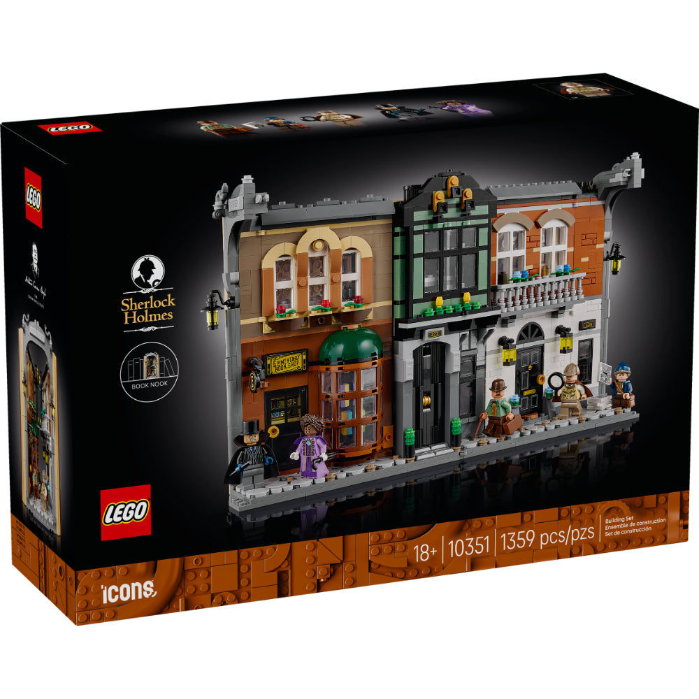 Set LEGO® Icons Rincón entre Libros Sherlock Holmes 10351 con minifiguras de Holmes, Watson, Irene Adler y Moriarty, ideal como pieza decorativa entre libros o modelo de exhibición.
