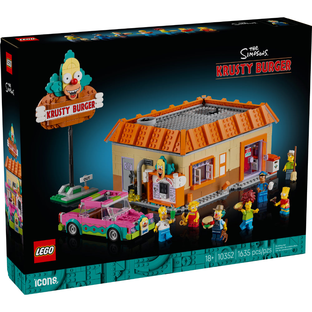 Restaurante Hamburguesas Krusty de The Simpsons construido con LEGO, con minifiguras y auto de Homer