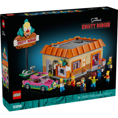 Restaurante Hamburguesas Krusty de The Simpsons construido con LEGO, con minifiguras y auto de Homer