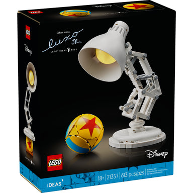 Figura articulada LEGO de Luxo Jr. de Disney Pixar con pelota icónica como pieza decorativa