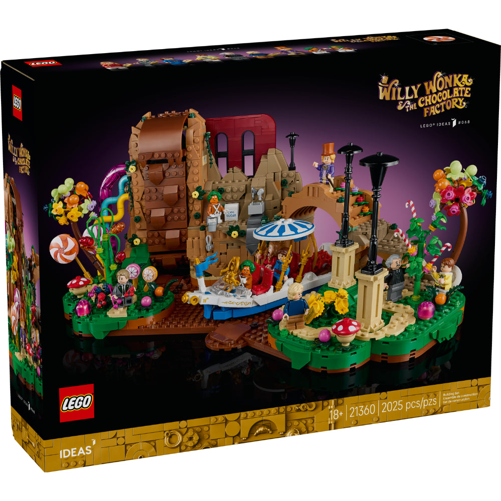 Set LEGO® Ideas Willy Wonka y la Fábrica de Chocolate con minifiguras, cascada de chocolate y el barco Wonkatania