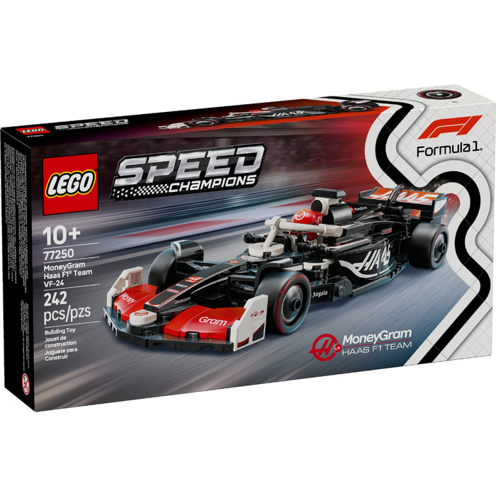 LEGO® Speed Champions MoneyGram Haas F1® Team VF-24 77250 con minifigura de piloto, halo, alerón trasero, neumáticos Pirelli y detalles auténticos de la temporada 2024 de Fórmula 1.