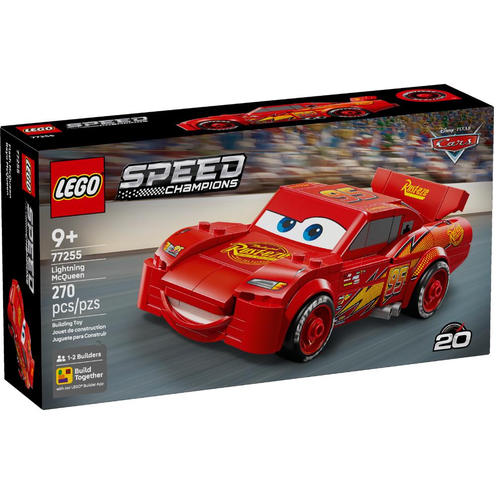 Set LEGO Speed Champions Rayo McQueen de Cars con el número 95, rayo amarillo y naranja, logo Rust-Eze y neumáticos Lightyear.
