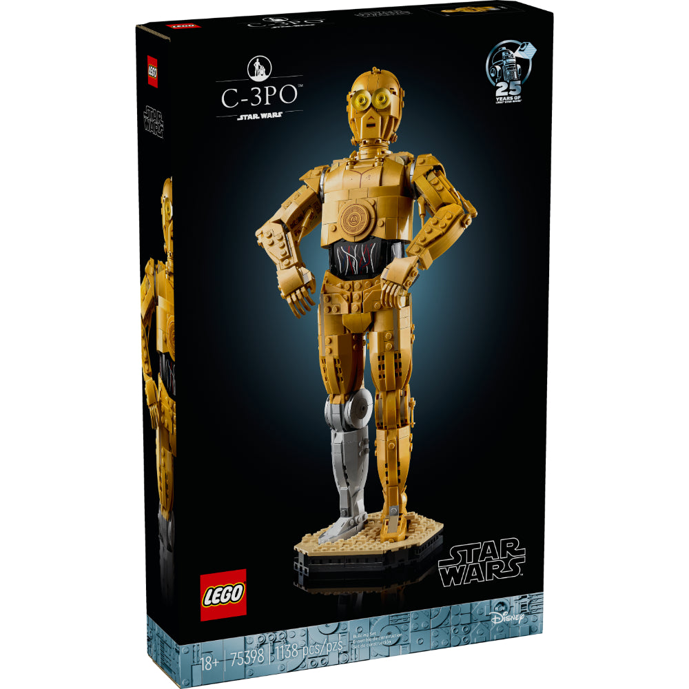 Set LEGO® Star Wars™ C-3PO 25 Aniversario con figura articulada detallada, minifigura complementaria, base expositora y ladrillo conmemorativo para fans y coleccionistas adultos.