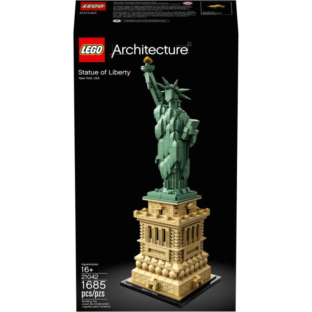 Maqueta LEGO Architecture de la Estatua de la Libertad con pedestal detallado, antorcha dorada y placa decorativa