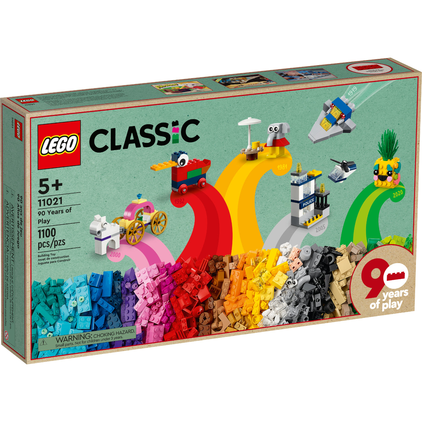 Celebra 90 años de diversión y creatividad con LEGO® Classic 90 Años de Juego (11021). Construye 15 miniconstrucciones icónicas, desde un barco pirata hasta un dragón dorado, y descubre ladrillos adicionales para crear tus propios diseños. Ideal para niños a partir de 5 años, adultos y abuelos, este set fomenta la imaginación, la construcción abierta y horas de juego creativo en familia.