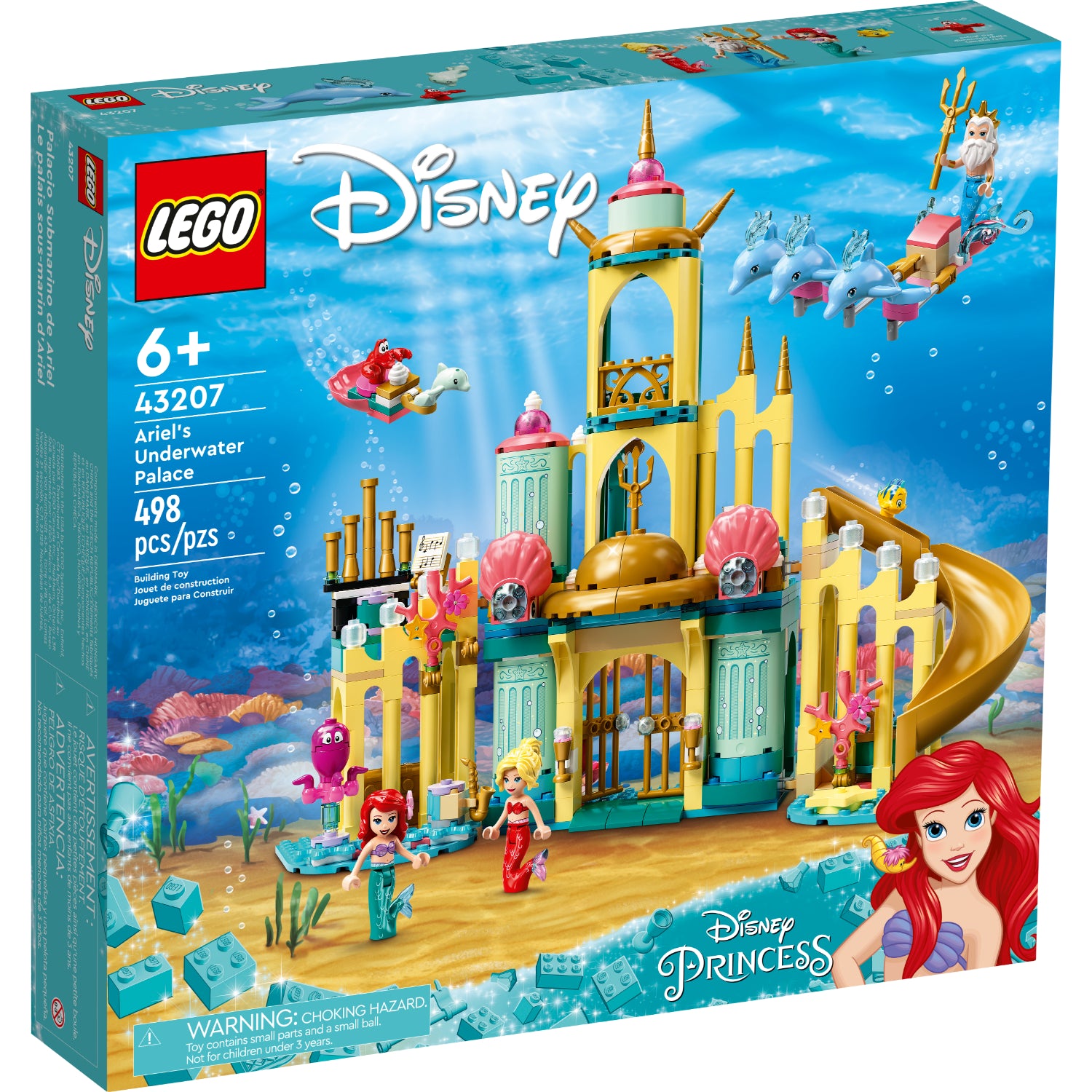 Sumérgete en aventuras bajo el mar con LEGO® Disney Ariel’s Underwater Palace (43207). Construye el palacio de Ariel con tobogán, muebles móviles y carros de delfines, e interpreta historias con minipersonajes de Ariel, Arista y el Rey Tritón, junto a figuras de Sebastián, Flounder y 4 delfines. Ideal para niños a partir de 6 años, este set fomenta la creatividad, el juego imaginativo y la diversión sin fin.