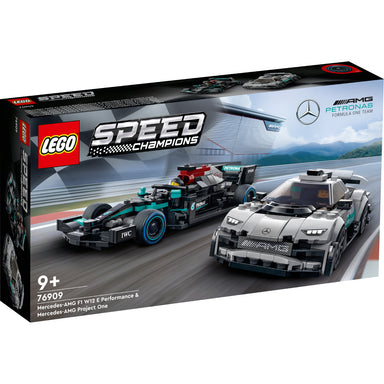 Colecciona, construye y corre con los autos LEGO® Speed Champions Mercedes-AMG F1 W12 E Performance y Mercedes-AMG Project One (76909). Incluye 2 minifiguras de pilotos, instrucciones impresas y digitales, y modelos auténticos listos para exhibir o competir en emocionantes carreras. Ideal para fanáticos de los autos y coleccionistas a partir de 9 años.